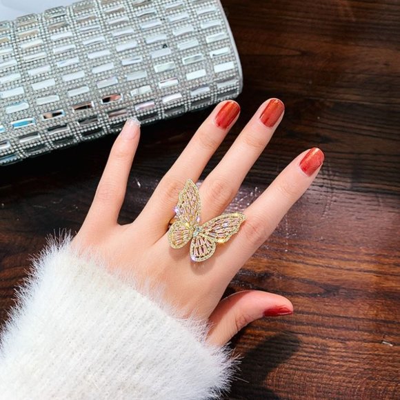 NEW Huge Gold & Pink Diamond Butterfly Ring - Picture 2 of 4